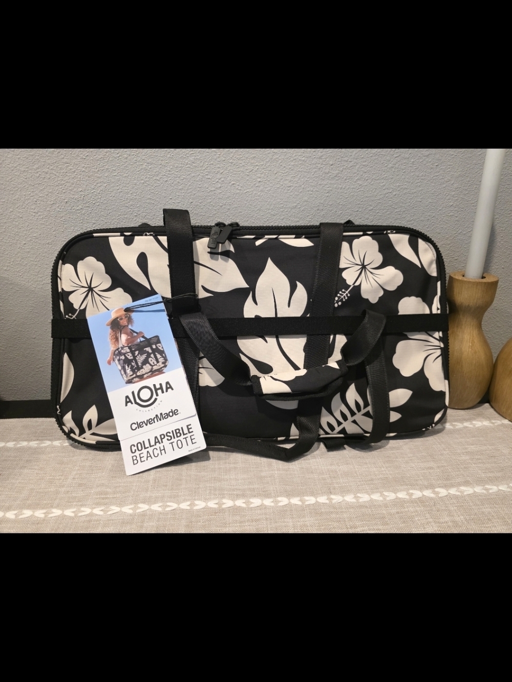 ALOHA + CleverMade Collapsible Beach Tote - Black & Cream Tropical  🌺 🌿 🌊